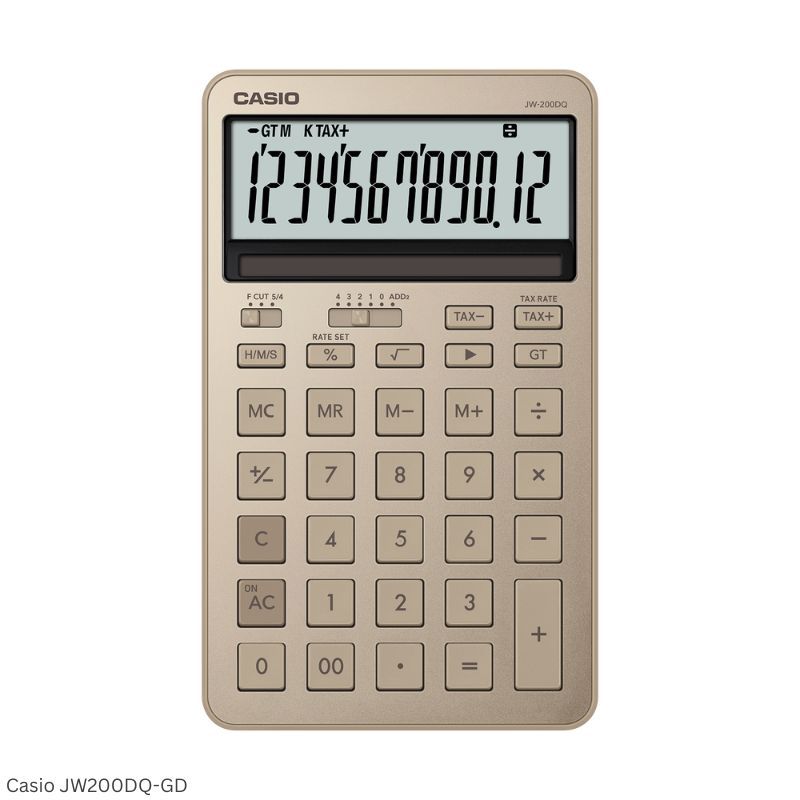 Casio JW-200DQ-GD (Shiny Gold) - 12 Digit, Stylish, Time Calculations, Compact Desktop Calculator