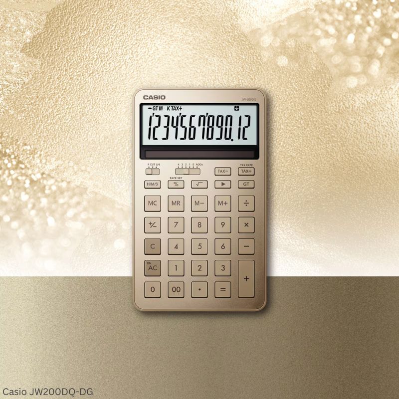 Casio JW-200DQ-GD (Shiny Gold) - 12 Digit, Stylish, Time Calculations, Compact Desktop Calculator