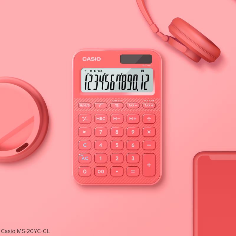 Casio MS-20YC-CL (Coral) - 12 Digit, Time Calculations, Mini Desk Type Calculator