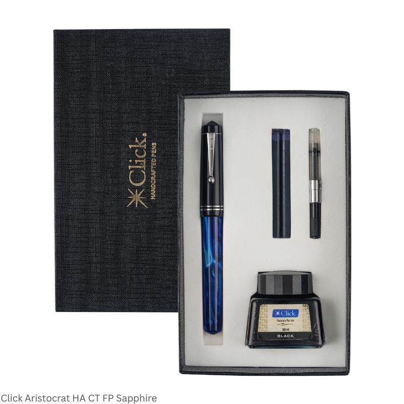 Click Aristocrat Half Acrylic Fountain Pen – Medium Nib, Chrome Trim – 3-in-1 Ink Filling System – Various Body Colours – Gift Pack