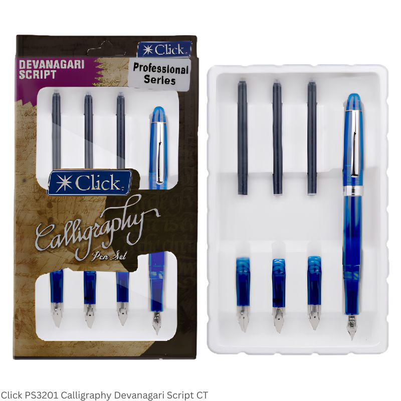 Click Calligraphy Devanagari Script Fountain Pen Set – Chrome Trim, 3-in-1 Ink Filling System, Body colors vary