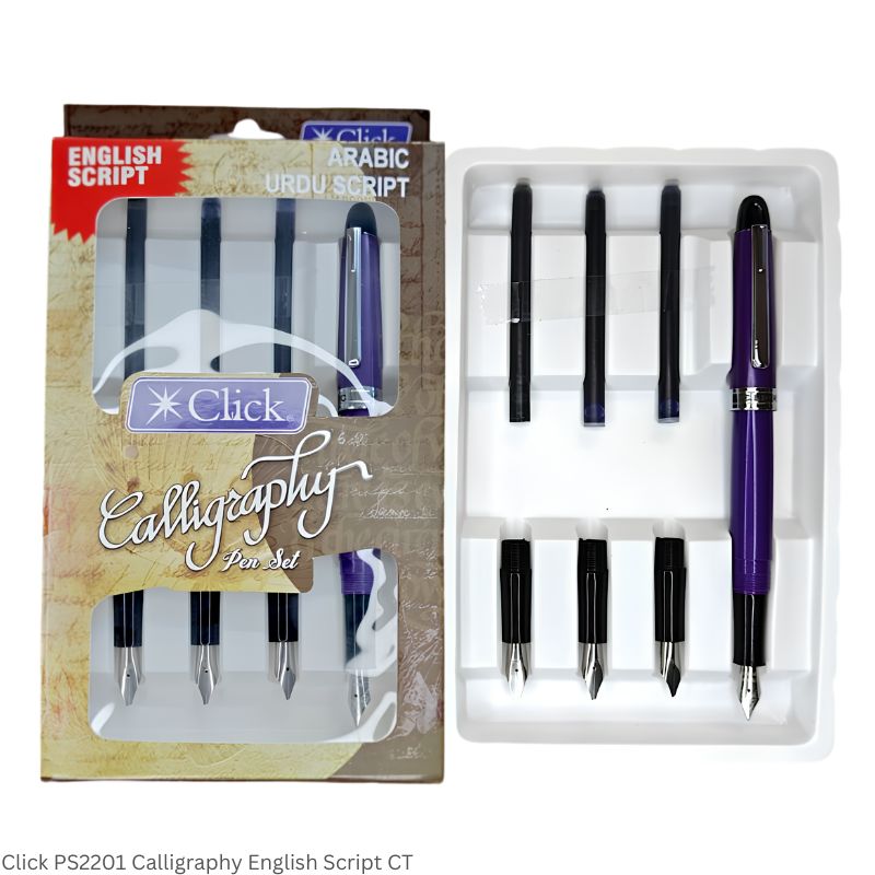 Click Calligraphy English Script Fountain Pen Set – Chrome Trim, 3-in-1 Ink Filling System, Body colors vary