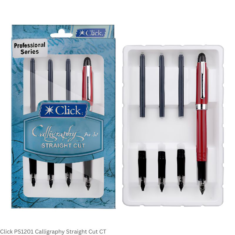 Click Calligraphy Straight Cut Fountain Pen Set – Chrome Trim, 3-in-1 Ink Filling System, Body colors vary