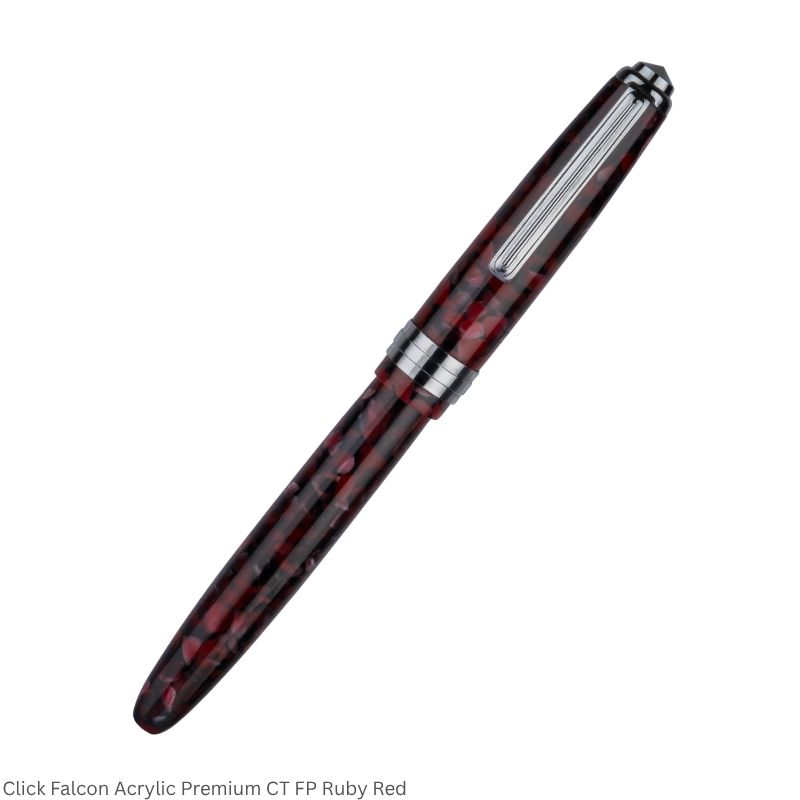 Click Falcon Premium Acrylic Fountain Pen – Ruby Red, Broad Nib, Chrome Trim – 3-in-1 Ink Filling System