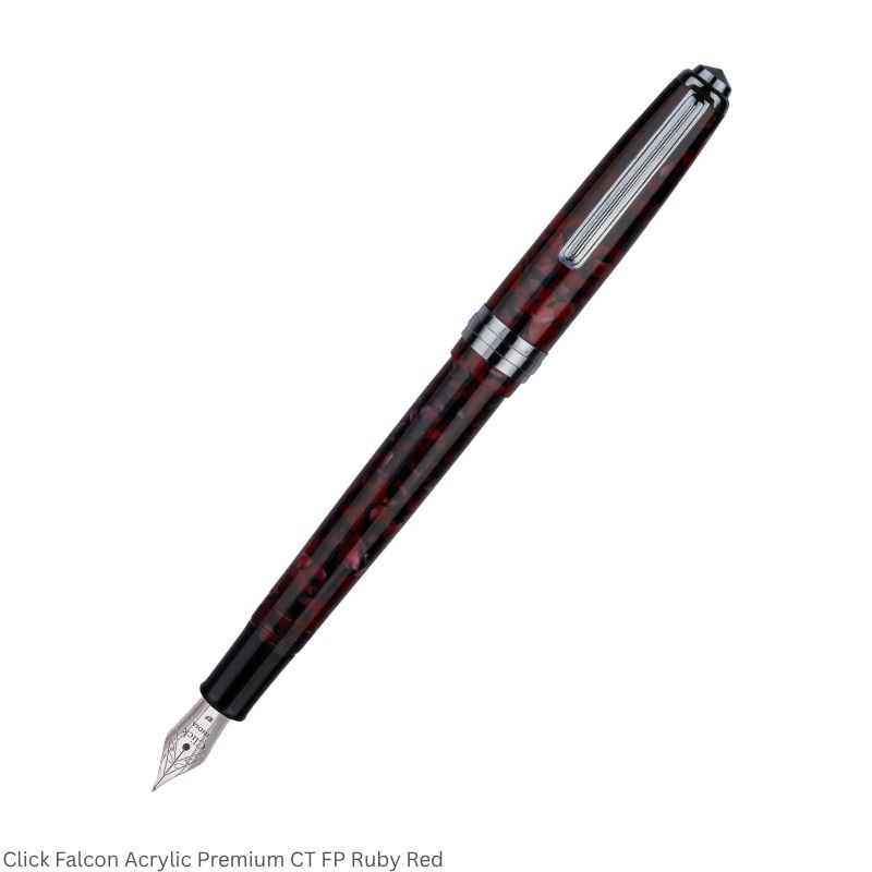 Click Falcon Premium Acrylic Fountain Pen – Ruby Red, Broad Nib, Chrome Trim – 3-in-1 Ink Filling System