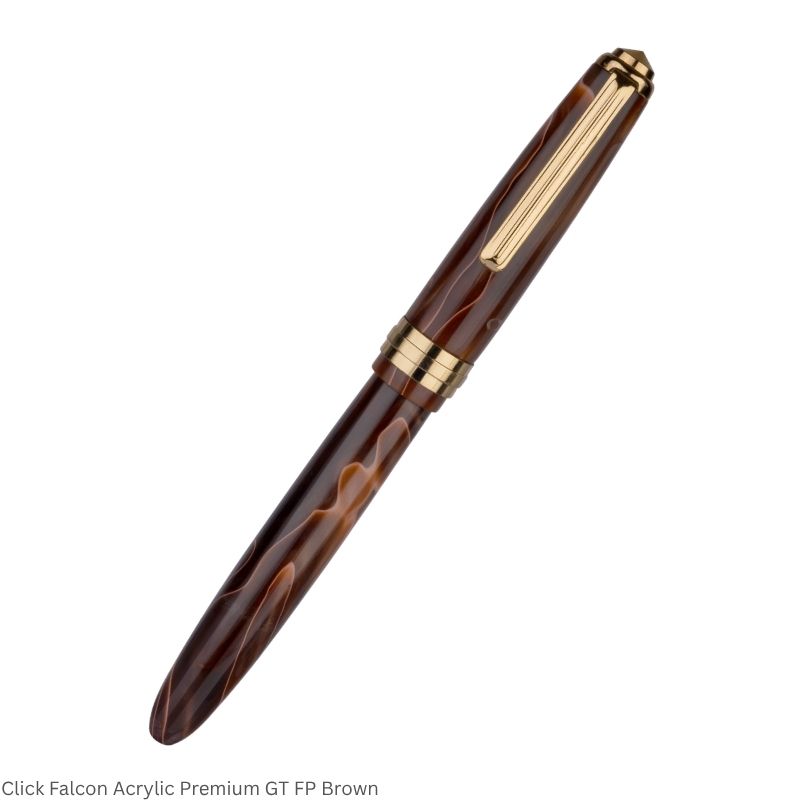 Click Falcon Acrylic Brown Fountain Pen – Broad Nib, Golden Trim – 3-in-1 Ink Filling System