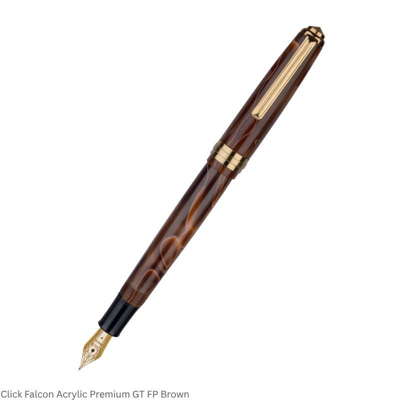 Click Falcon Acrylic Brown Fountain Pen – Broad Nib, Golden Trim – 3-in-1 Ink Filling System