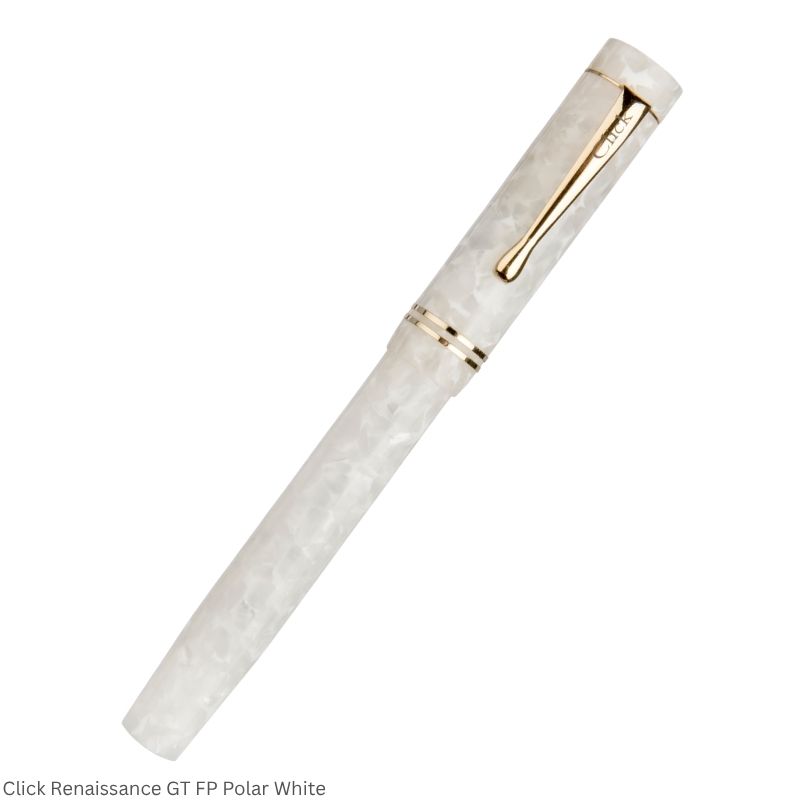 Click Renaissance Polar White Fountain Pen – Medium Nib, Golden Trim – 3-in-1 Ink Filling System