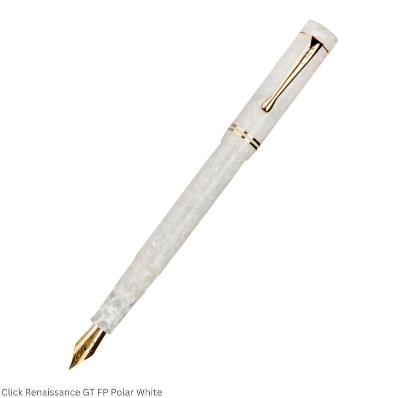 Click Renaissance Polar White Fountain Pen – Medium Nib, Golden Trim – 3-in-1 Ink Filling System