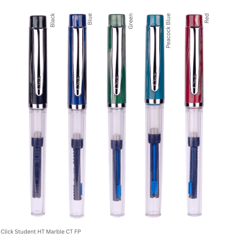Click Student Fountain Pen – Fine Nib, Chrome Trim, Transparent Half Marble Body – 3-in-1 Ink Filling System – Various Body Colours