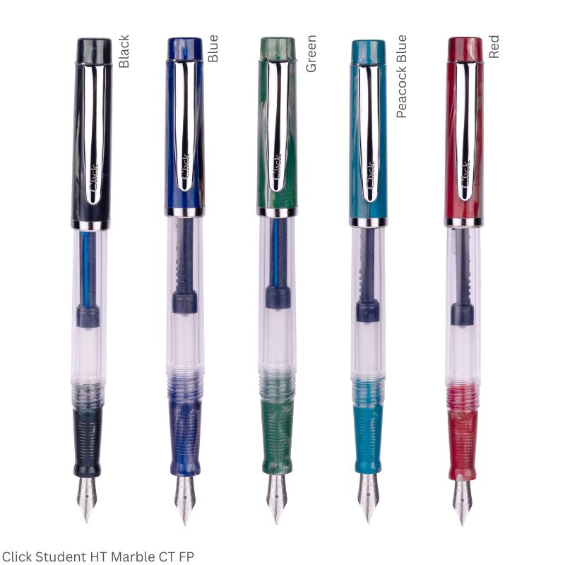 Click Student Fountain Pen – Fine Nib, Chrome Trim, Transparent Half Marble Body – 3-in-1 Ink Filling System – Various Body Colours