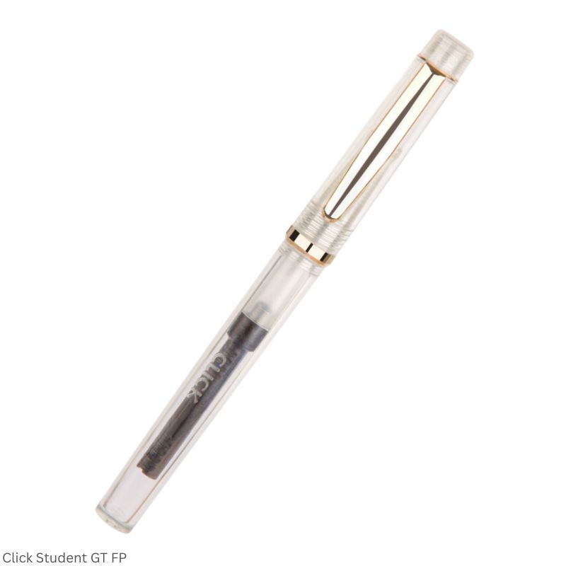 Click Student Fountain Pen – Fine Nib, Golden Trim, Transparent Body – 3-in-1 Ink Filling System