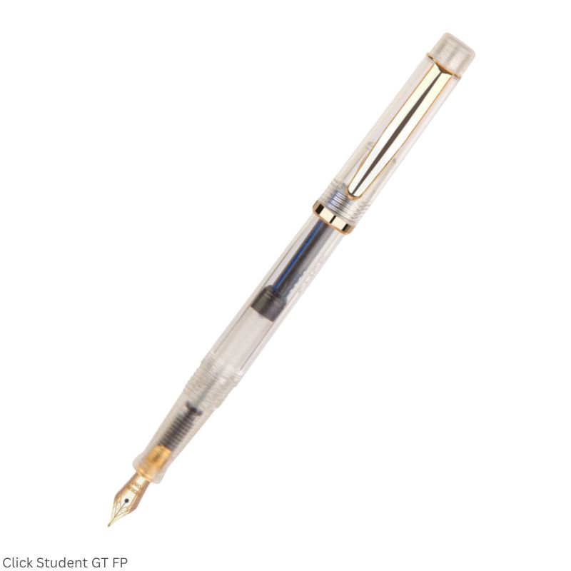 Click Student Fountain Pen – Fine Nib, Golden Trim, Transparent Body – 3-in-1 Ink Filling System