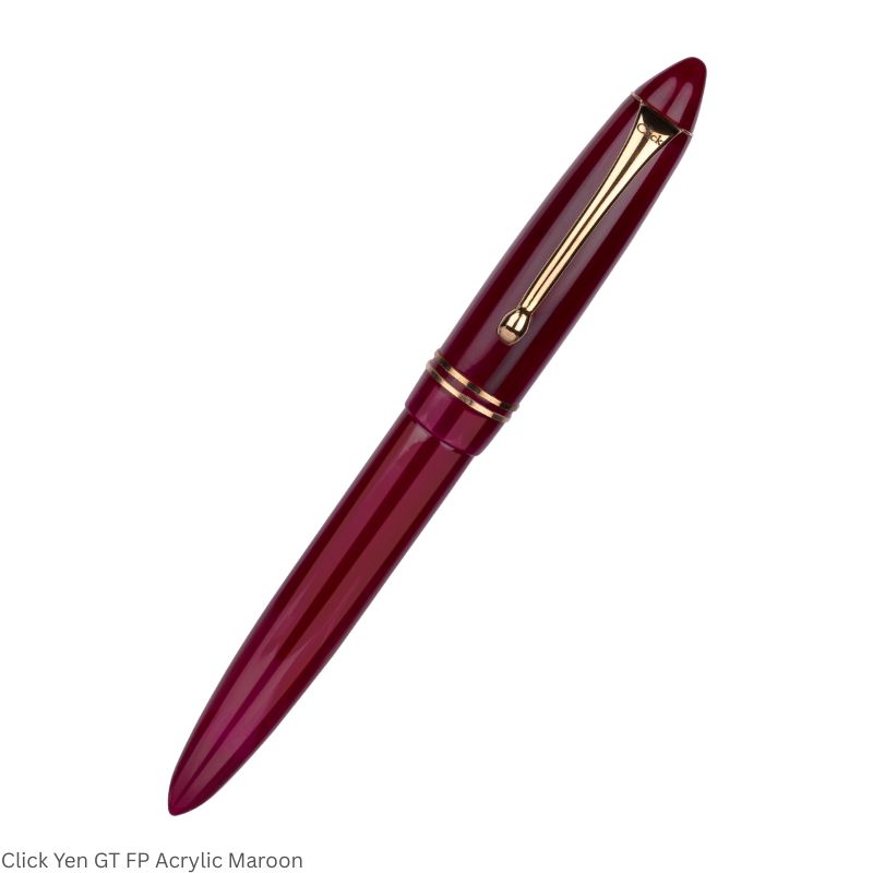 Click Yen Acrylic Maroon Fountain Pen – Fine Nib, Golden Trim – 3-in-1 Ink Filling System