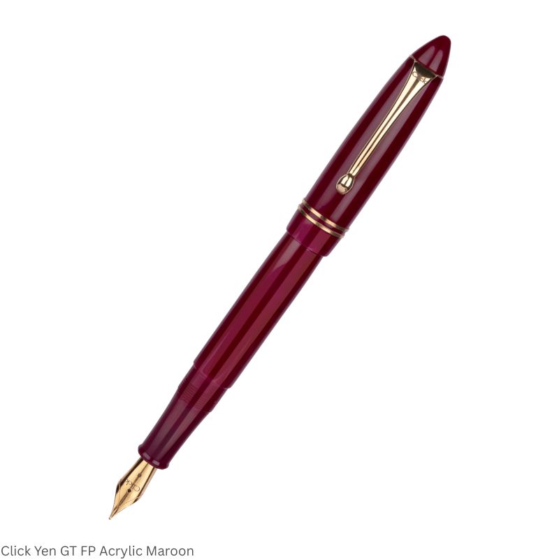 Click Yen Acrylic Maroon Fountain Pen – Fine Nib, Golden Trim – 3-in-1 Ink Filling System