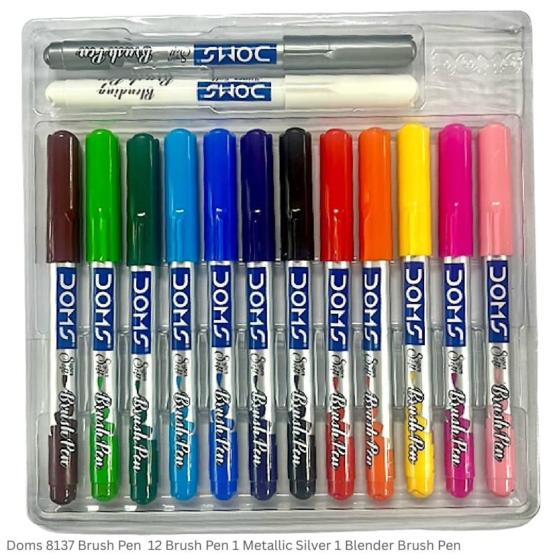 Doms 8137 Brush Pen 12 Shades 1 Metallic Silver and 1 Blender Brush Pen