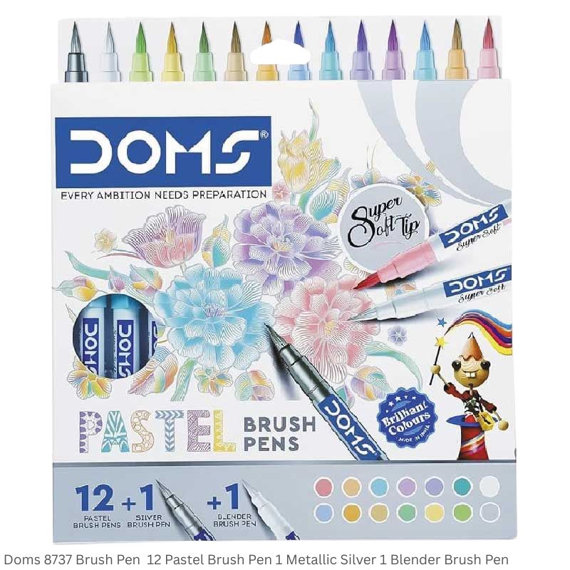 Doms 8737 Pastel Brush Pen 12 Pastel Shades 1 Metallic Silver and 1 Blender Brush Pen