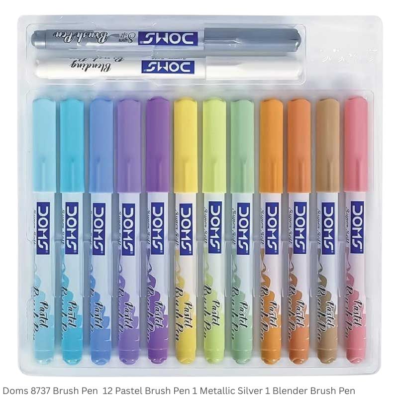 Doms 8737 Pastel Brush Pen 12 Pastel Shades 1 Metallic Silver and 1 Blender Brush Pen