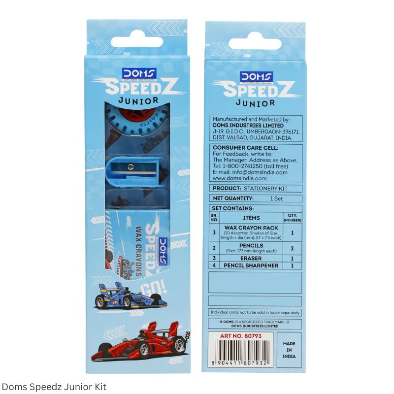 Doms Speedz and Unicorn Junior Kit Contains 1 Pack 10 Shades Wax Crayons, 2 Pencils, 1 Eraser and 1 Sharpener
