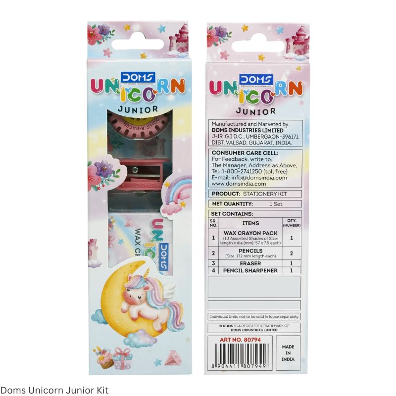 Doms Speedz and Unicorn Junior Kit Contains 1 Pack 10 Shades Wax Crayons, 2 Pencils, 1 Eraser and 1 Sharpener