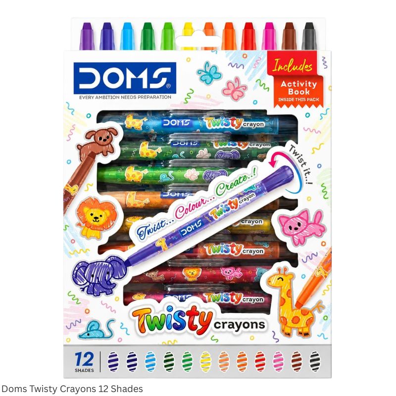 DOMS Twisty Plastic Crayons – 12 Shades with 1 Activity Book