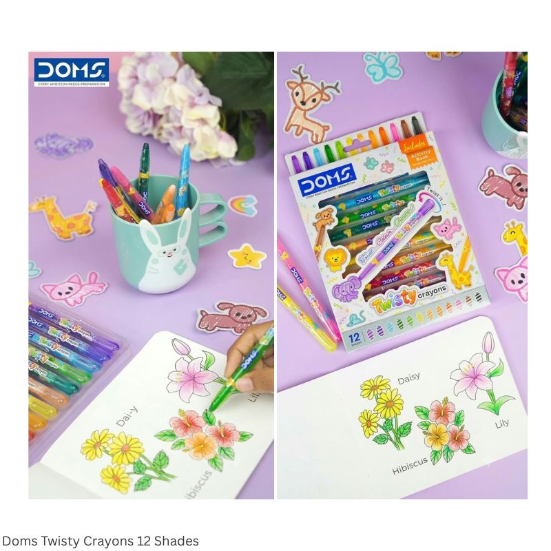 DOMS Twisty Plastic Crayons – 12 Shades with 1 Activity Book