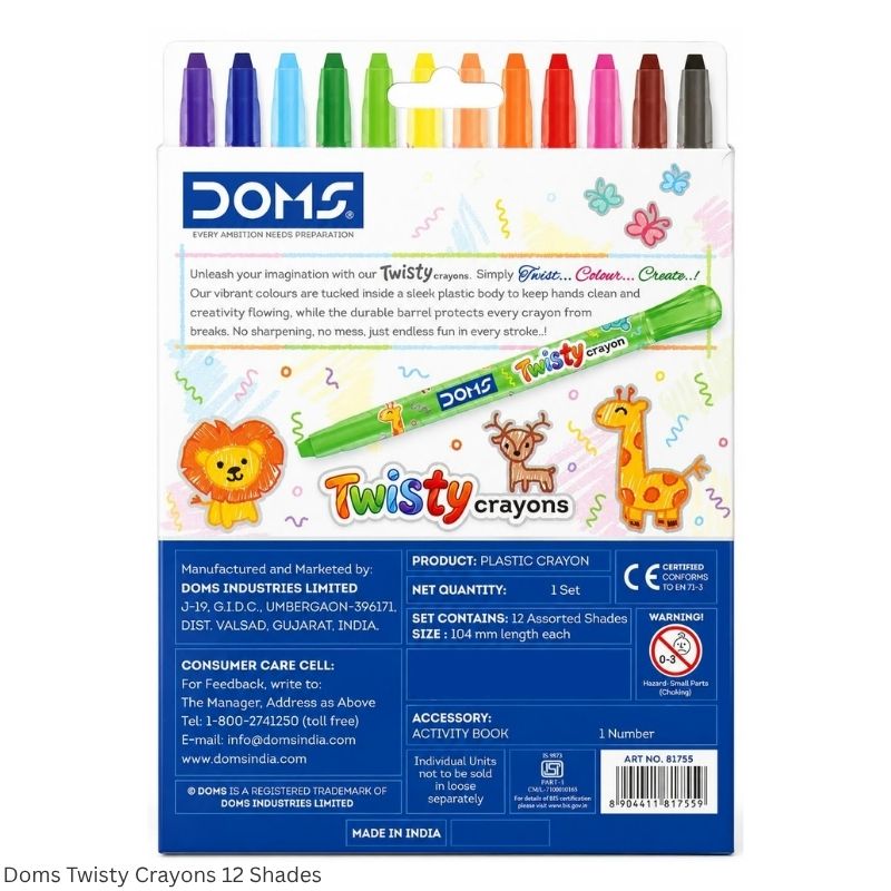 DOMS Twisty Plastic Crayons – 12 Shades with 1 Activity Book