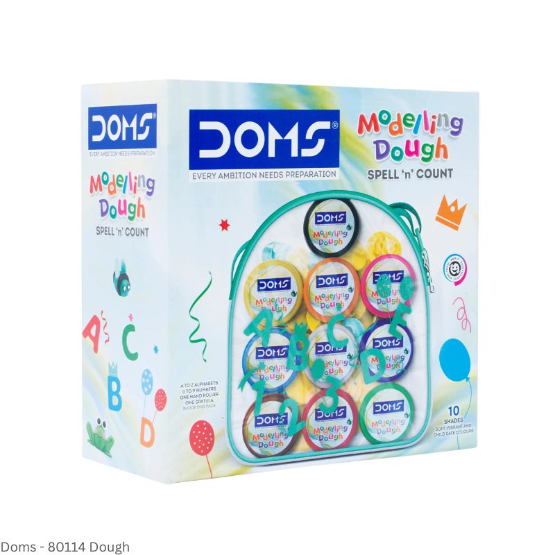 DOMS Modelling Dough - 250gm 10 Assorted Shades, 26N Alphabets, 10N Numbers, 1N Hand Roller, 1N Spatula