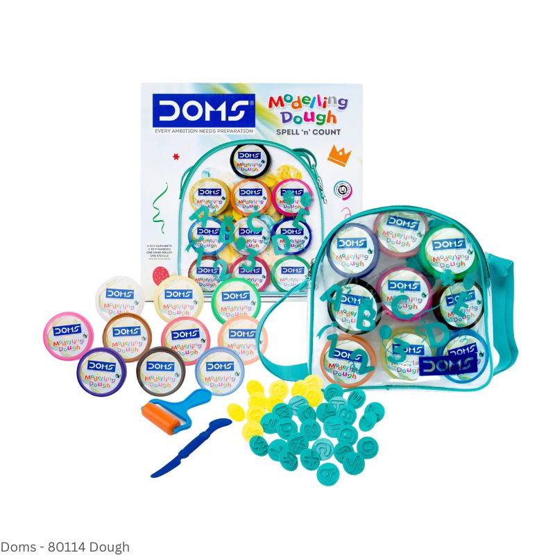 DOMS Modelling Dough - 250gm 10 Assorted Shades, 26N Alphabets, 10N Numbers, 1N Hand Roller, 1N Spatula