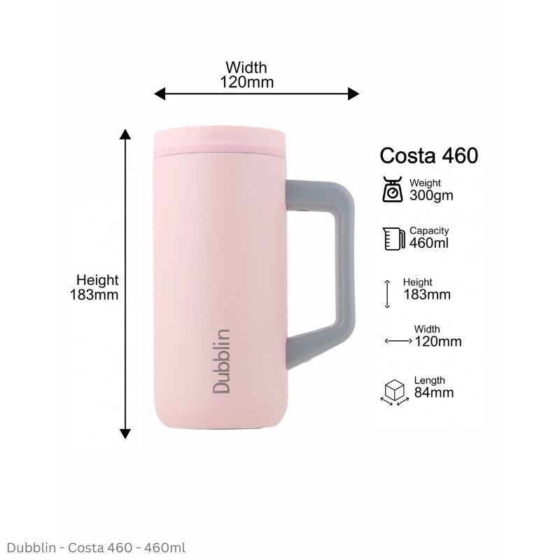 DUBBLIN COSTA 460 Stainless Steel Tea Coffee Mug Double Wall Insulated with Handle & Lid, Wide Mouth Mug 460 ML