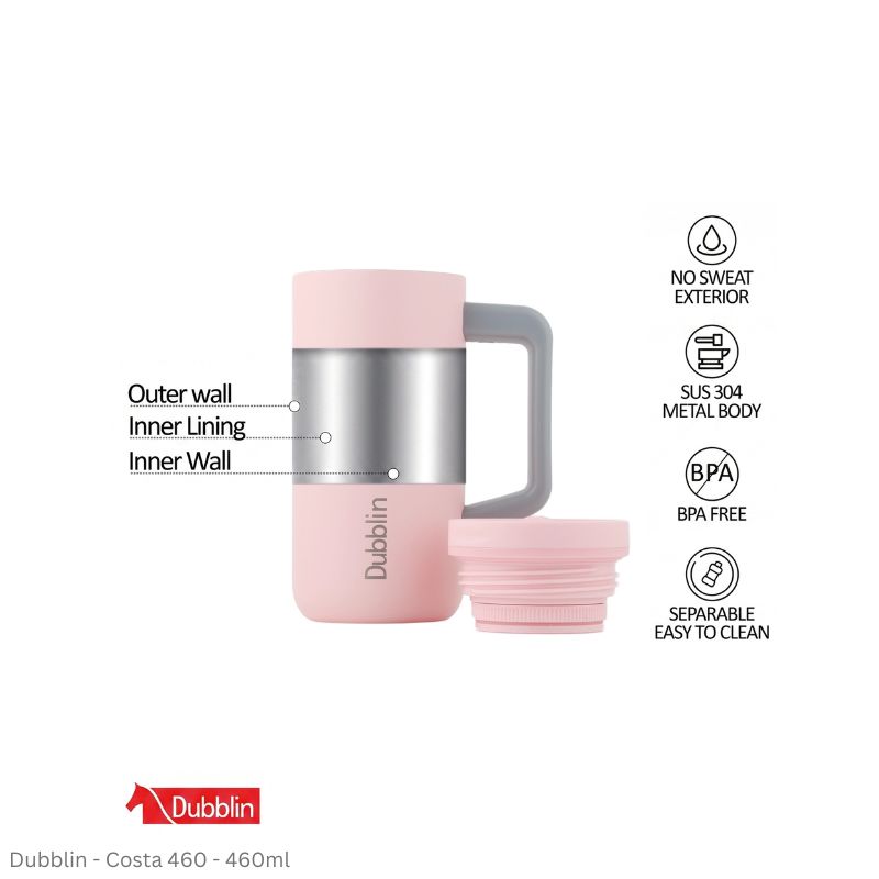 DUBBLIN COSTA 460 Stainless Steel Tea Coffee Mug Double Wall Insulated with Handle & Lid, Wide Mouth Mug 460 ML