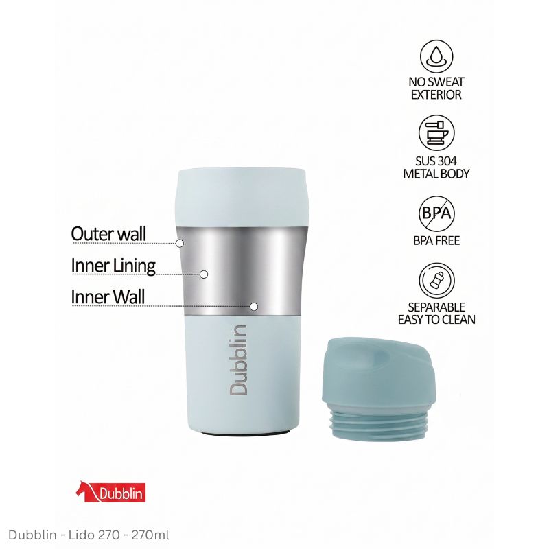 DUBBLIN LIDO 270 Stainless Steel Tea Coffee Mug Double Wall Insulated with Lid, Wide Mouth Mug 270 ML