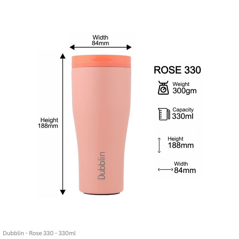 DUBBLIN ROSE 330 Stainless Steel Tea Coffee Mug Double Wall Insulated with Lid, Wide Mouth Mug 330 ML