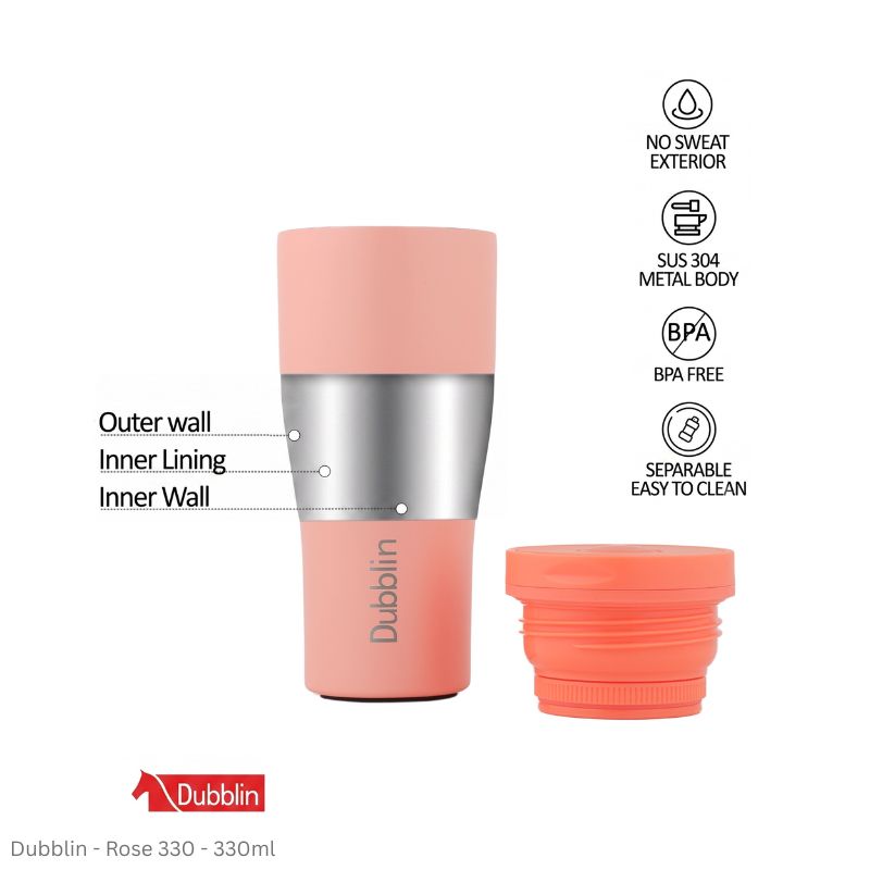 DUBBLIN ROSE 330 Stainless Steel Tea Coffee Mug Double Wall Insulated with Lid, Wide Mouth Mug 330 ML