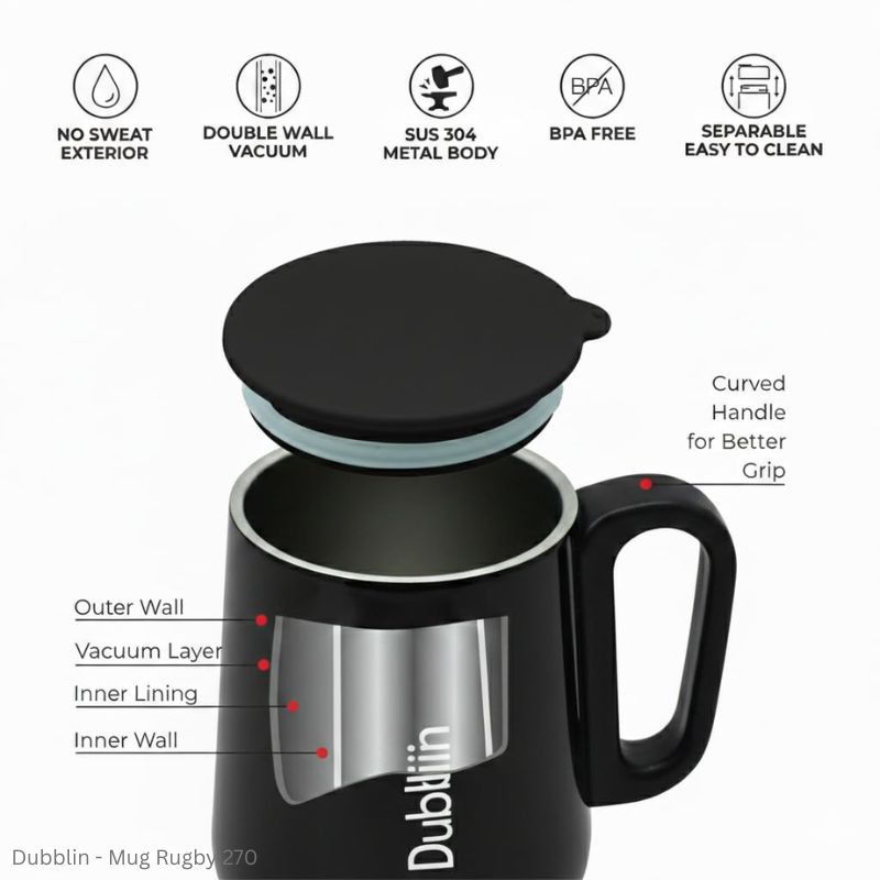 DUBBLIN Rugby Stainless Steel Tea Coffee Mug Double Wall Vacuum Insulated with Handle & Lid, Wide Mouth Mug 270 ML