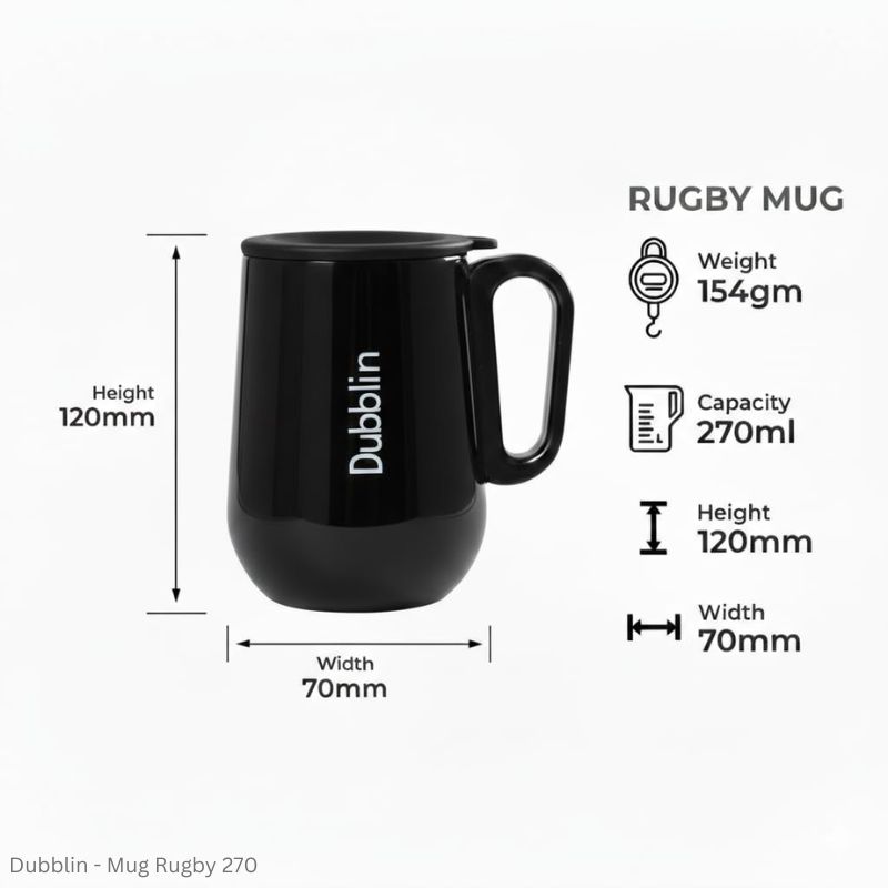 DUBBLIN Rugby Stainless Steel Tea Coffee Mug Double Wall Vacuum Insulated with Handle & Lid, Wide Mouth Mug 270 ML