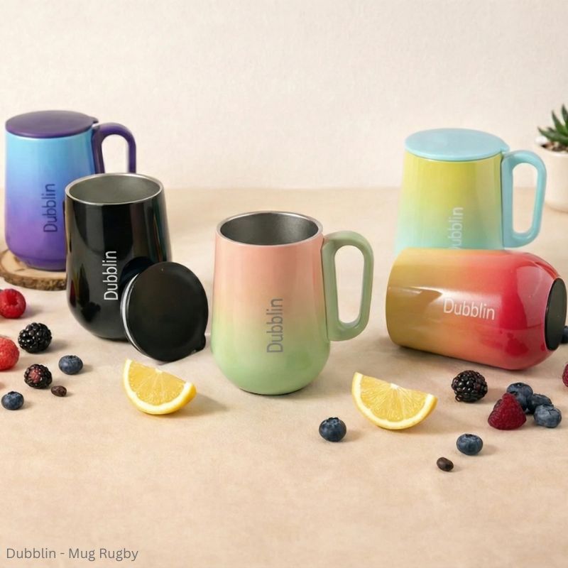 DUBBLIN Rugby Stainless Steel Tea Coffee Mug Double Wall Vacuum Insulated with Handle & Lid, Wide Mouth Mug 270 ML