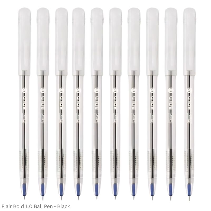 Flair Bold 1.0 Ball Pen available in Black and Blue writing color. Transparent Body