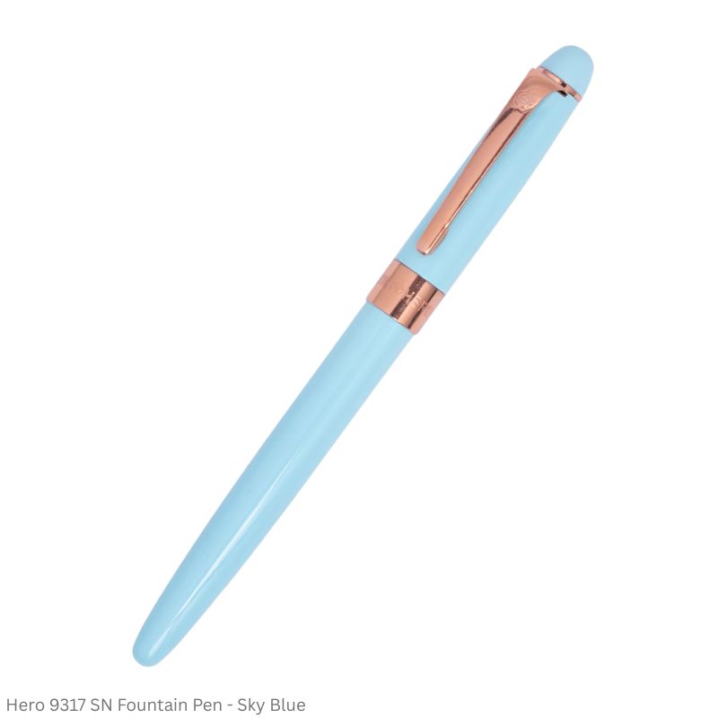 Hero Fountain Pen 9317 Small Nib Point, Slide Converter, Sky Blue Body, Rose Gold Trim