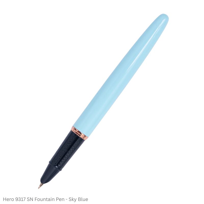 Hero Fountain Pen 9317 Small Nib Point, Slide Converter, Sky Blue Body, Rose Gold Trim