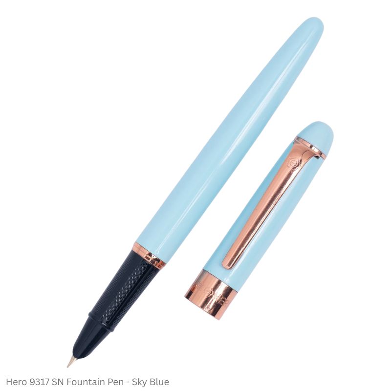 Hero Fountain Pen 9317 Small Nib Point, Slide Converter, Sky Blue Body, Rose Gold Trim