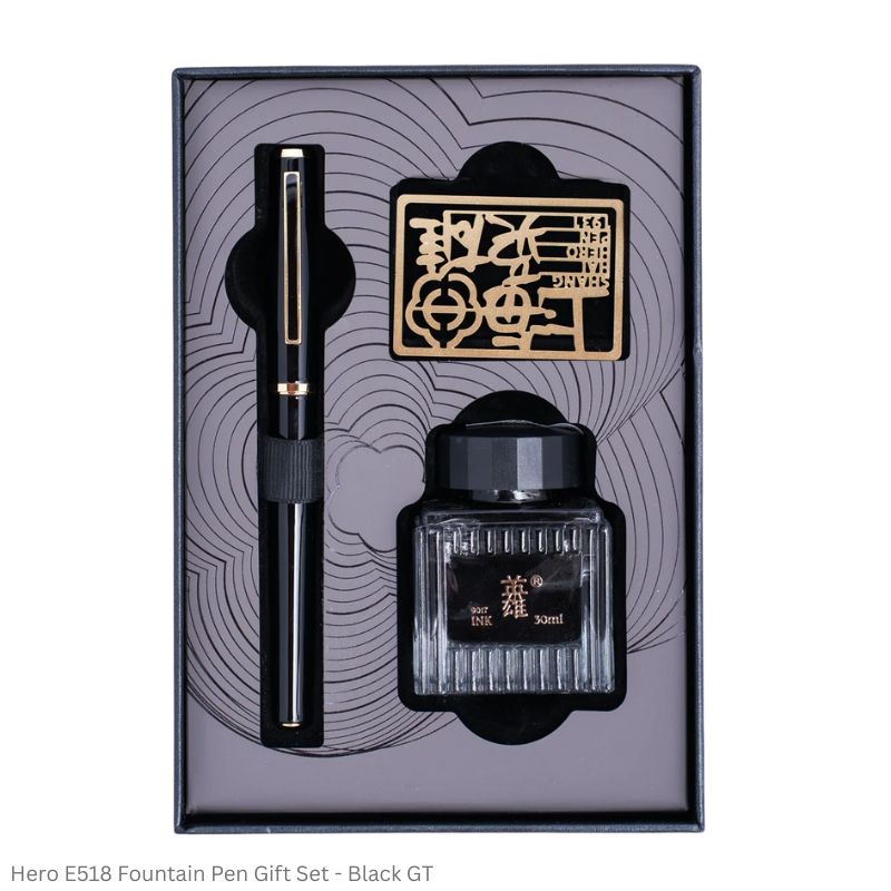 Hero E518 Fountain Pen Gift Set Fine Point with 30ml Black Ink & Piston Converter – Black, Blue, Red GT & White CT