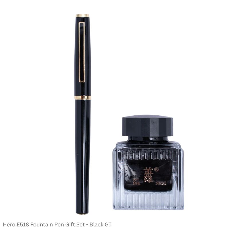 Hero E518 Fountain Pen Gift Set Fine Point with 30ml Black Ink & Piston Converter – Black, Blue, Red GT & White CT