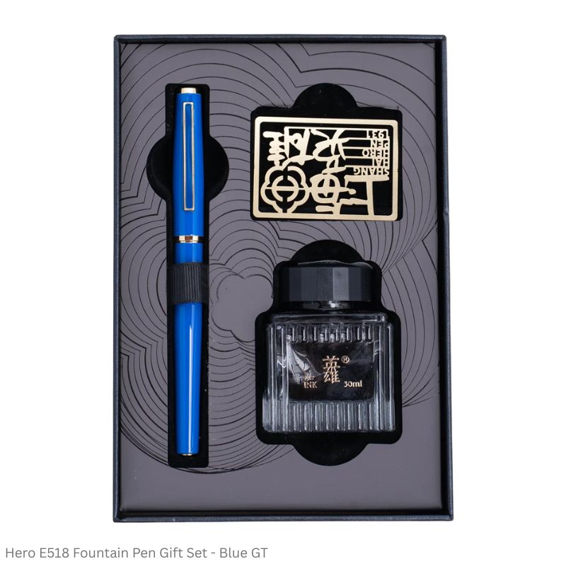 Hero E518 Fountain Pen Gift Set Fine Point with 30ml Black Ink & Piston Converter – Black, Blue, Red GT & White CT