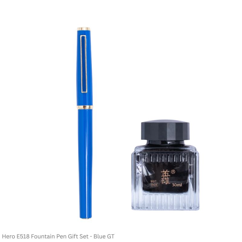 Hero E518 Fountain Pen Gift Set Fine Point with 30ml Black Ink & Piston Converter – Black, Blue, Red GT & White CT