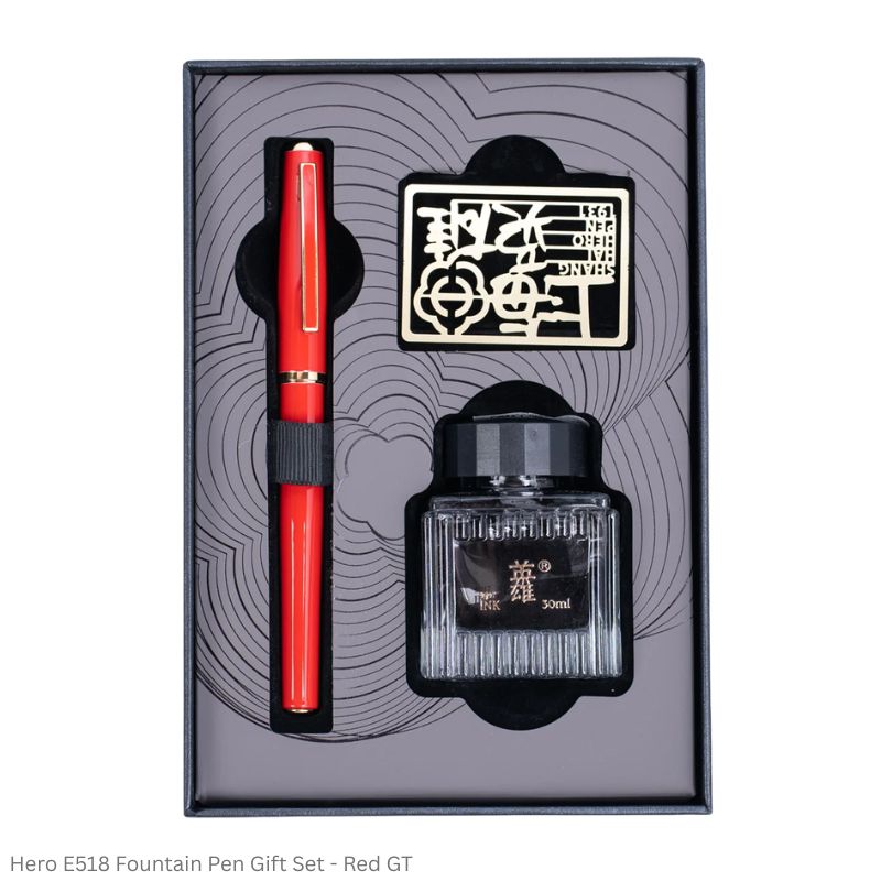 Hero E518 Fountain Pen Gift Set Fine Point with 30ml Black Ink & Piston Converter – Black, Blue, Red GT & White CT