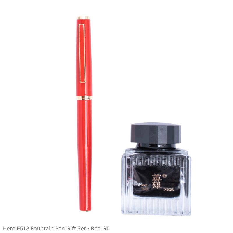 Hero E518 Fountain Pen Gift Set Fine Point with 30ml Black Ink & Piston Converter – Black, Blue, Red GT & White CT
