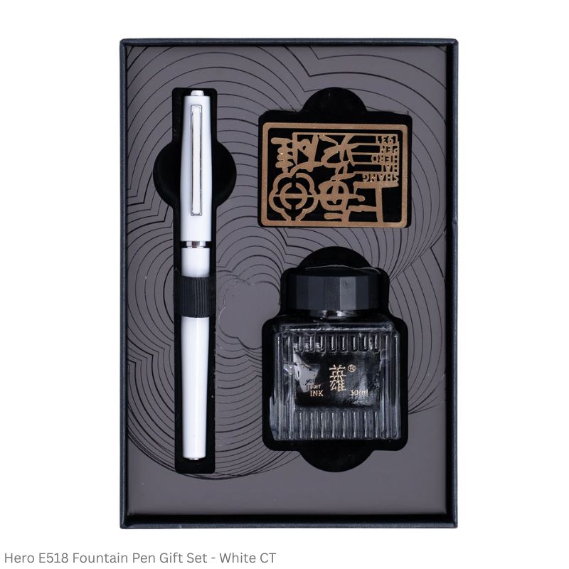 Hero E518 Fountain Pen Gift Set Fine Point with 30ml Black Ink & Piston Converter – Black, Blue, Red GT & White CT