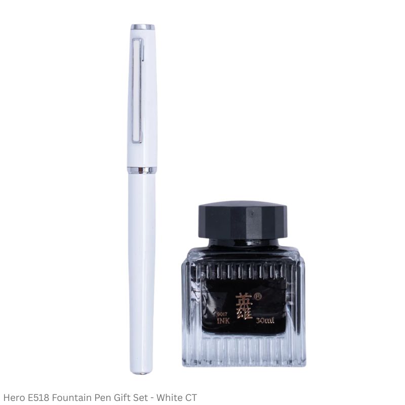 Hero E518 Fountain Pen Gift Set Fine Point with 30ml Black Ink & Piston Converter – Black, Blue, Red GT & White CT