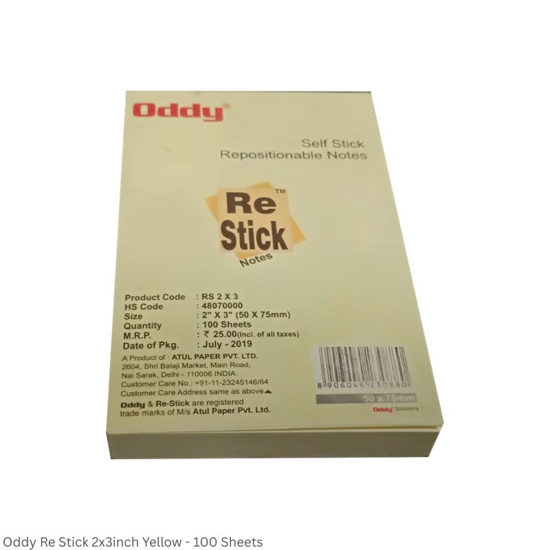 Oddy Re-Stick Notes – Yellow, 2 x 3 Inch, 100 Sheets per Pad